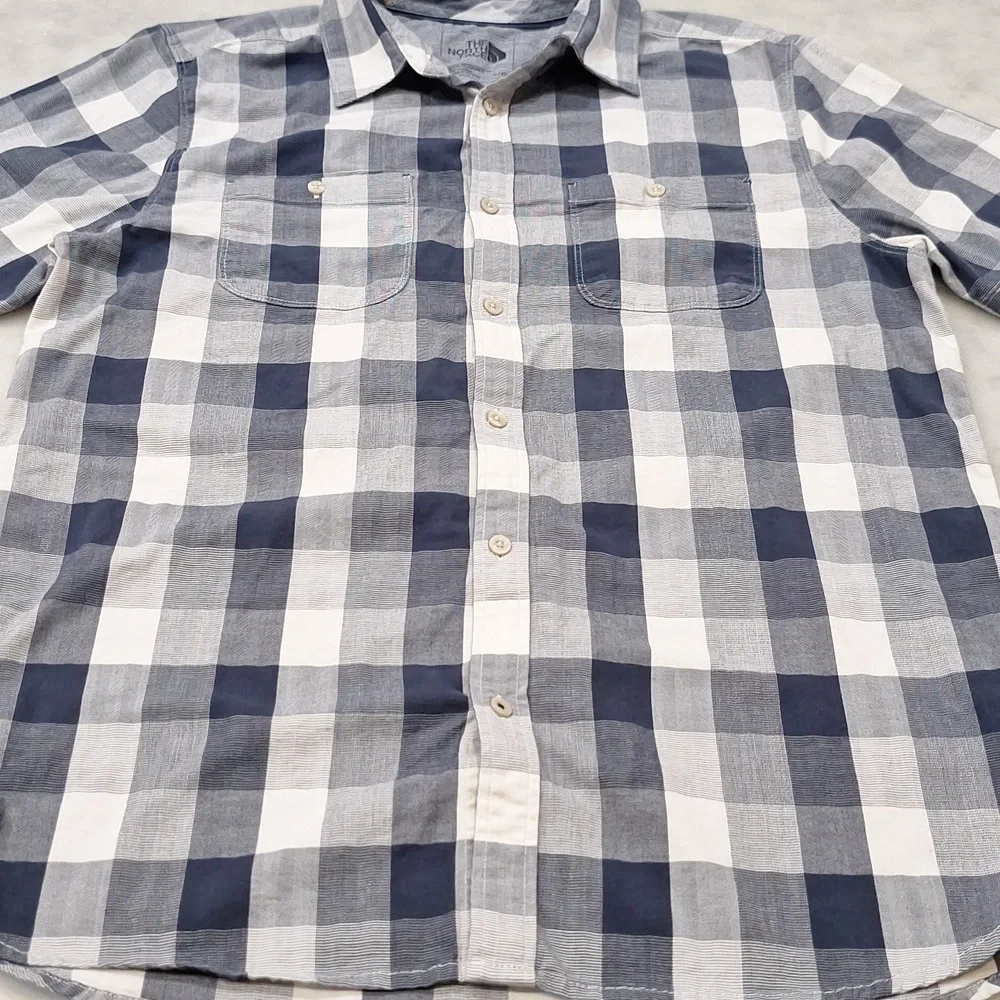 The North Face Men's Blue Plaid Shortsleeve Shirt Sz Large Navy White Hiking‎